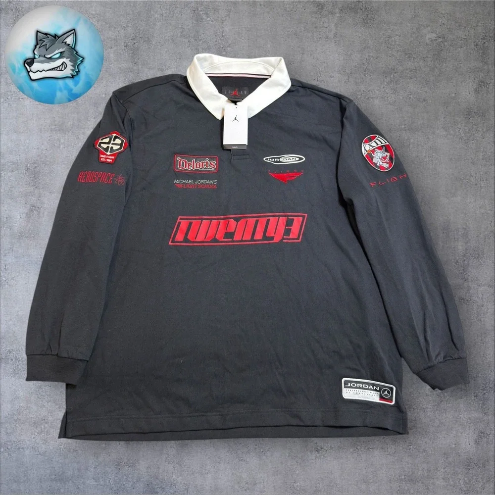 Jordan Flight School Rugby Shirt Mens XL Black Multi-Logo Long Sleeve HF9323-010